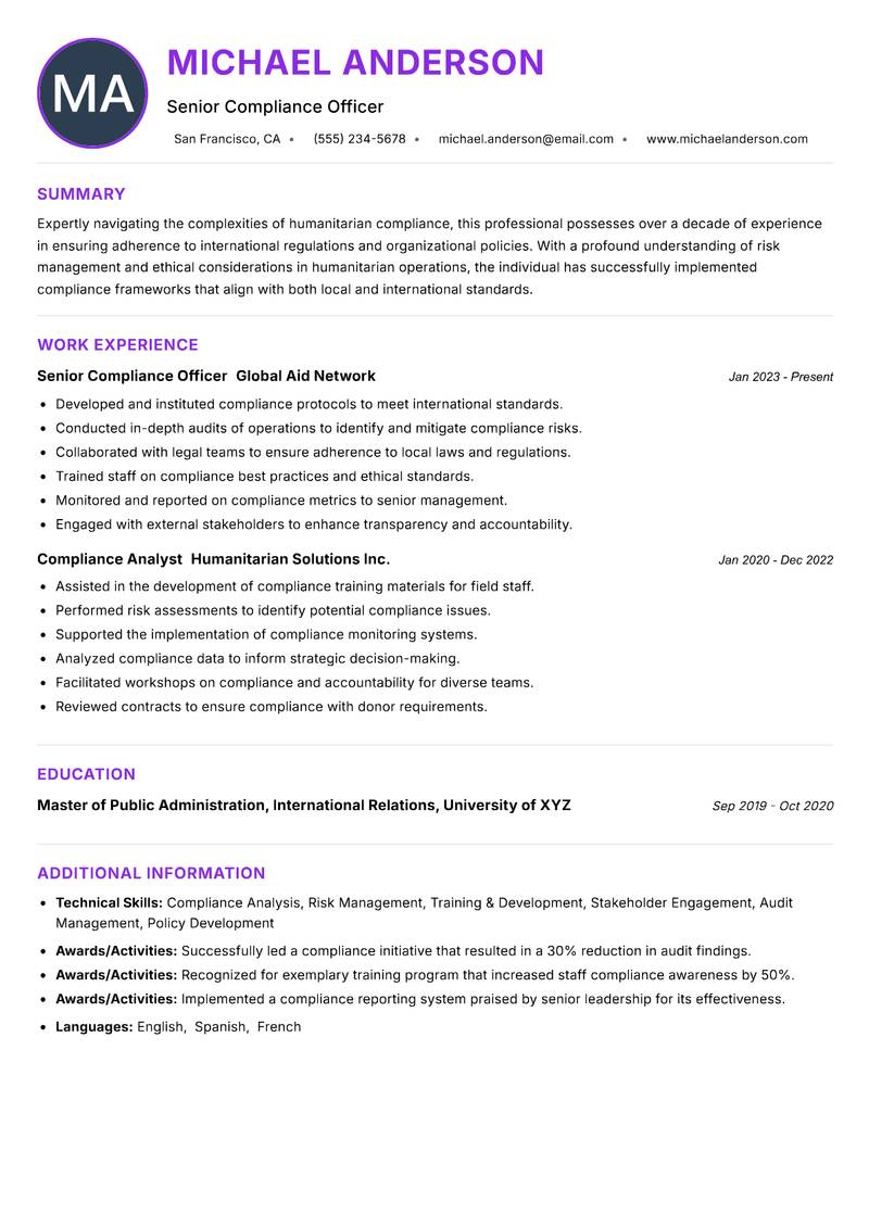 Humanitarian Compliance Officer Resume Preview Example