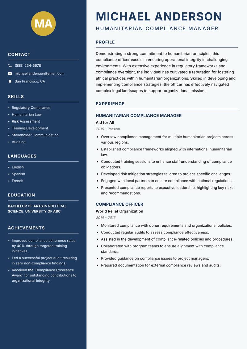 Humanitarian Compliance Officer Resume Preview Example