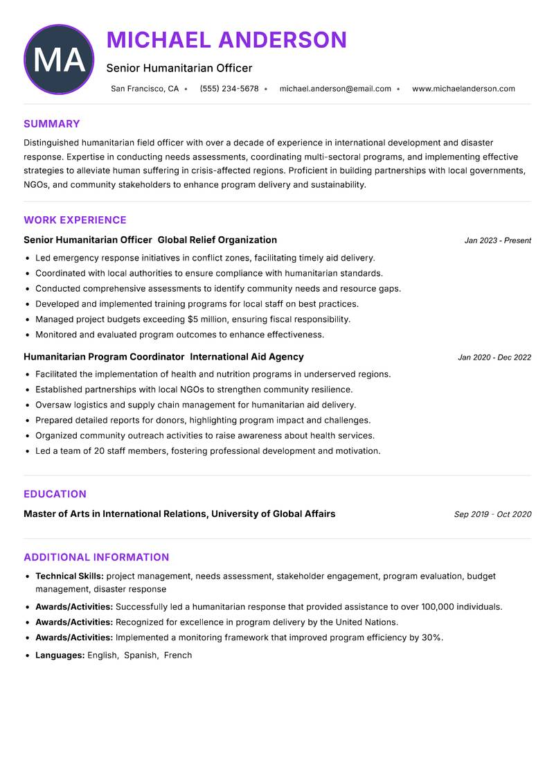 Humanitarian Field Officer Resume Preview Example