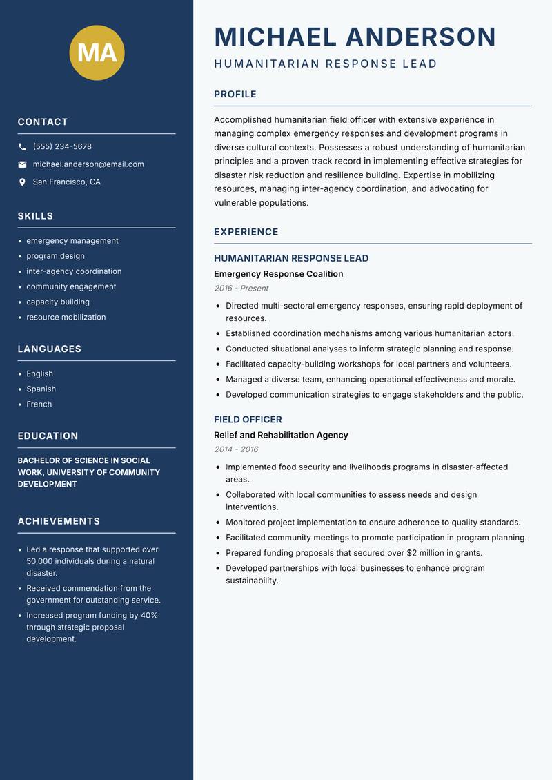 Humanitarian Field Officer Resume Preview Example