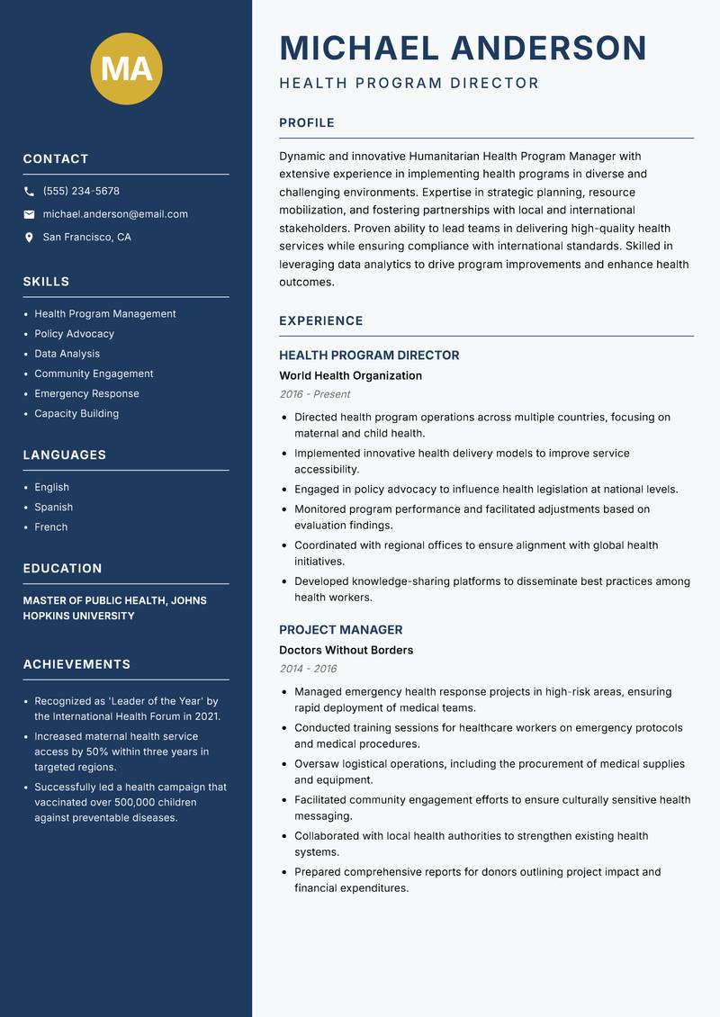 Humanitarian Health Program Manager Resume Preview Example