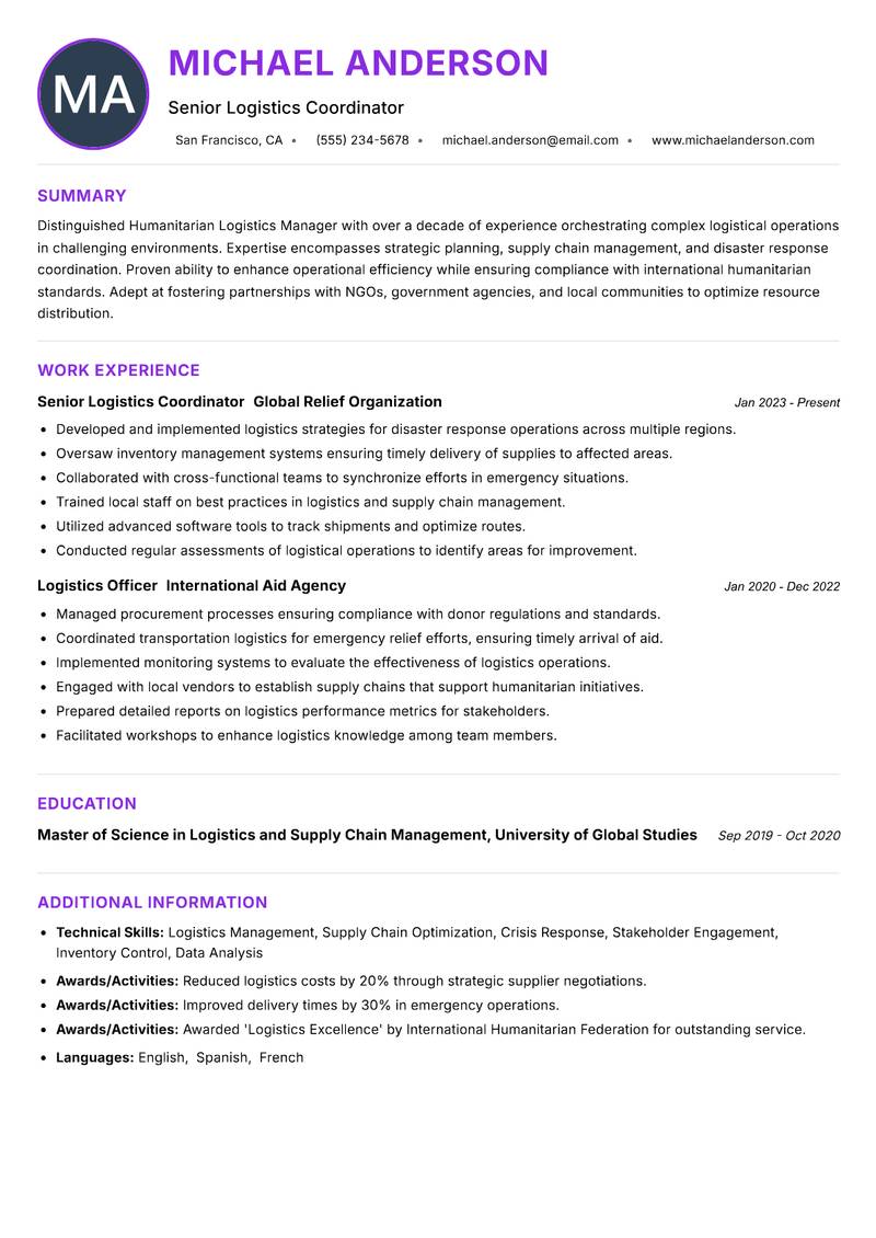 Humanitarian Logistics Manager Resume Preview Example