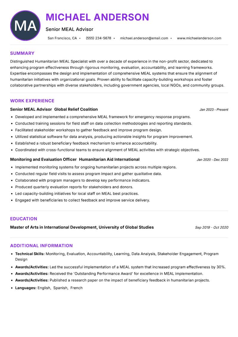 Humanitarian MEAL Specialist Resume Preview Example