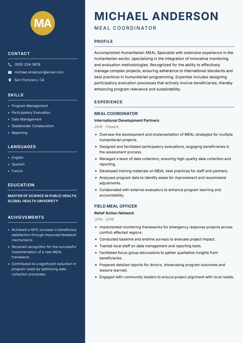 Humanitarian MEAL Specialist Resume Preview Example