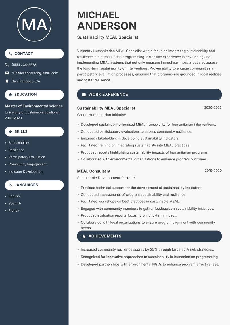 Humanitarian MEAL Specialist Resume Preview Example