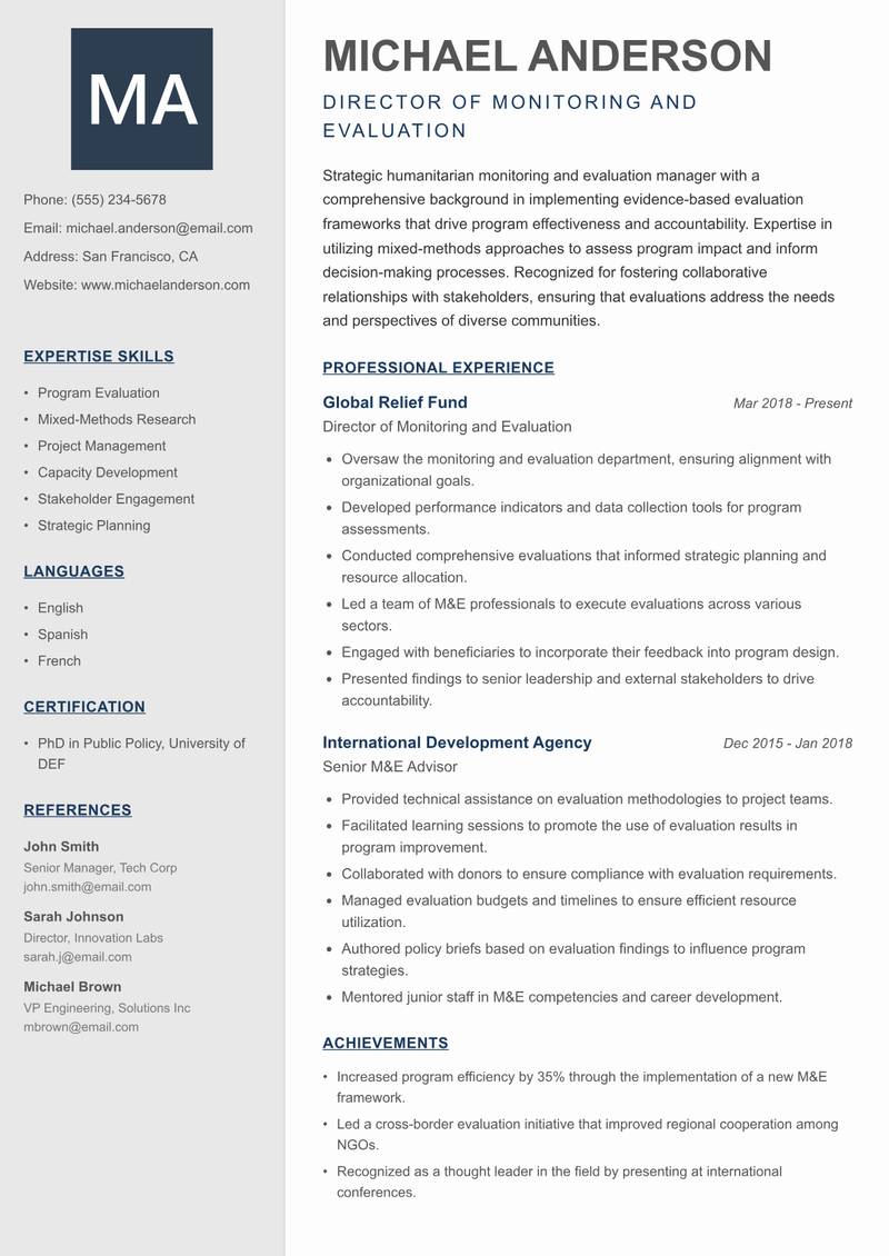 Humanitarian Monitoring and Evaluation Manager Resume Preview Example
