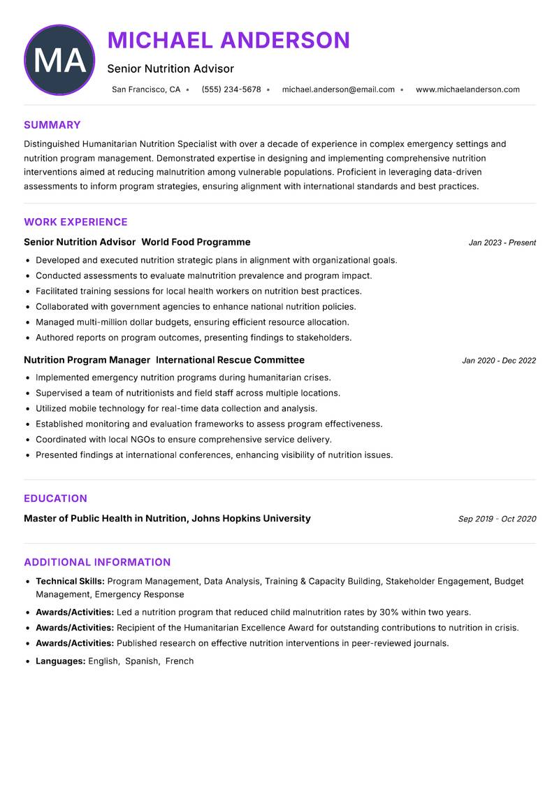 Humanitarian Nutrition Specialist Resume Preview Example