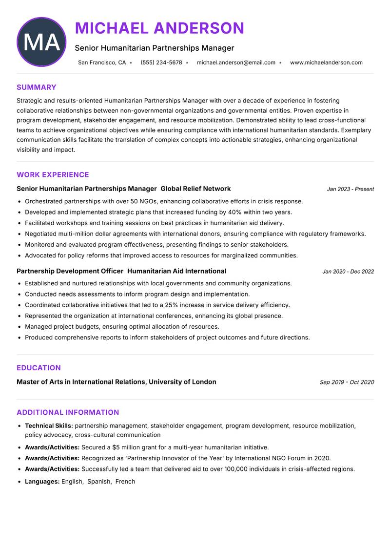 Humanitarian Partnerships Manager Resume Preview Example