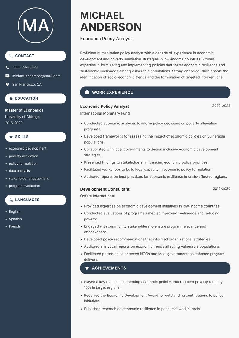 Humanitarian Policy Analyst Resume Preview Example
