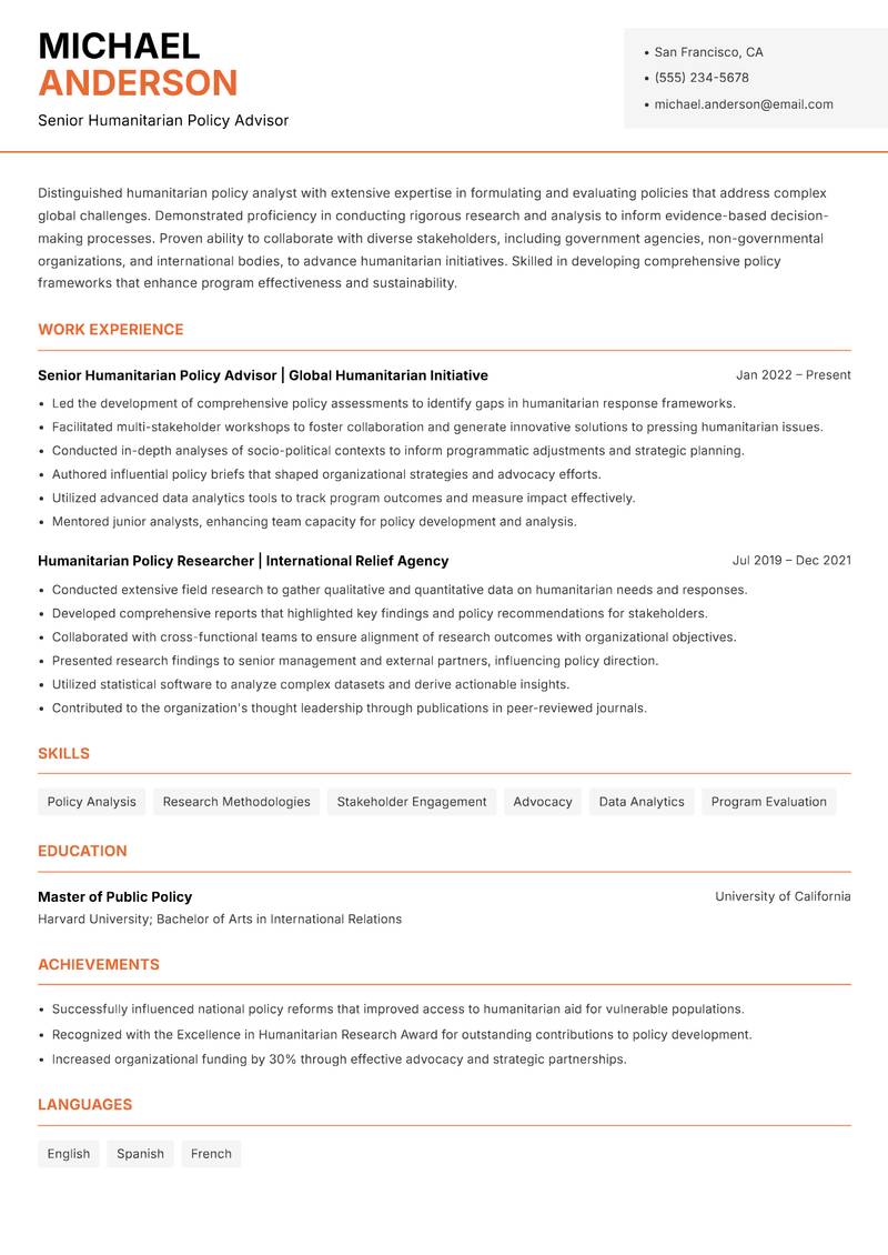 Humanitarian Policy Analyst Resume Template
