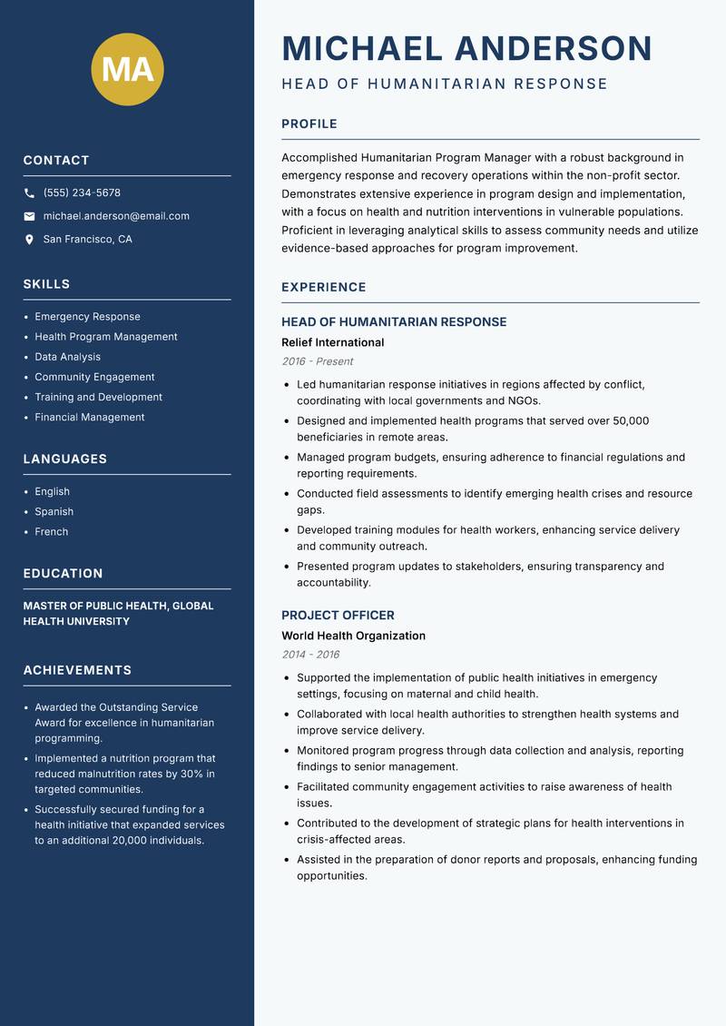 Humanitarian Program Manager Resume Preview Example