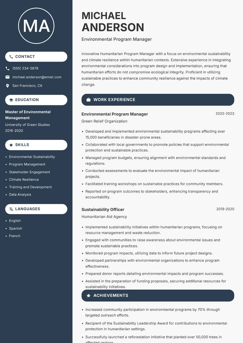 Humanitarian Program Manager Resume Preview Example