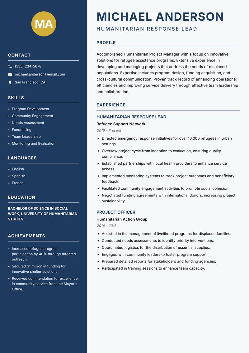 Humanitarian Project Manager Resume Preview Example