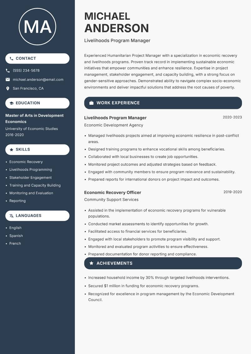 Humanitarian Project Manager Resume Preview Example