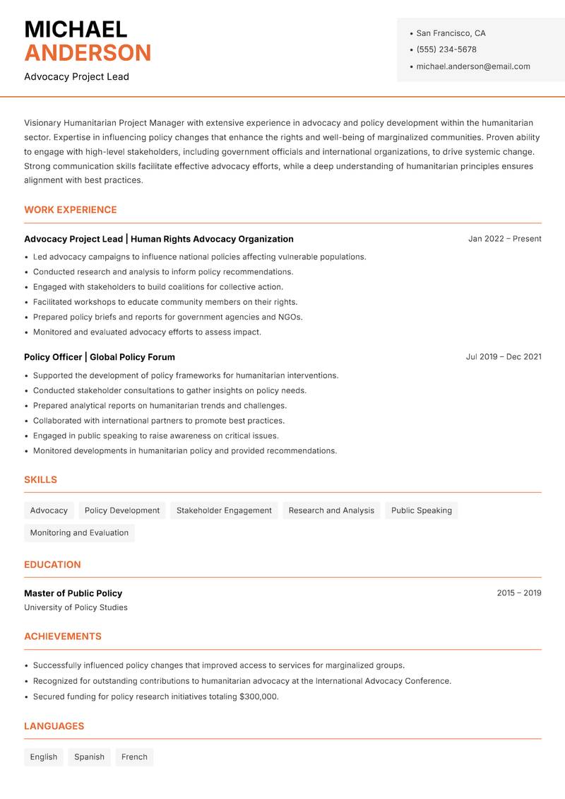 Humanitarian Project Manager Resume Template