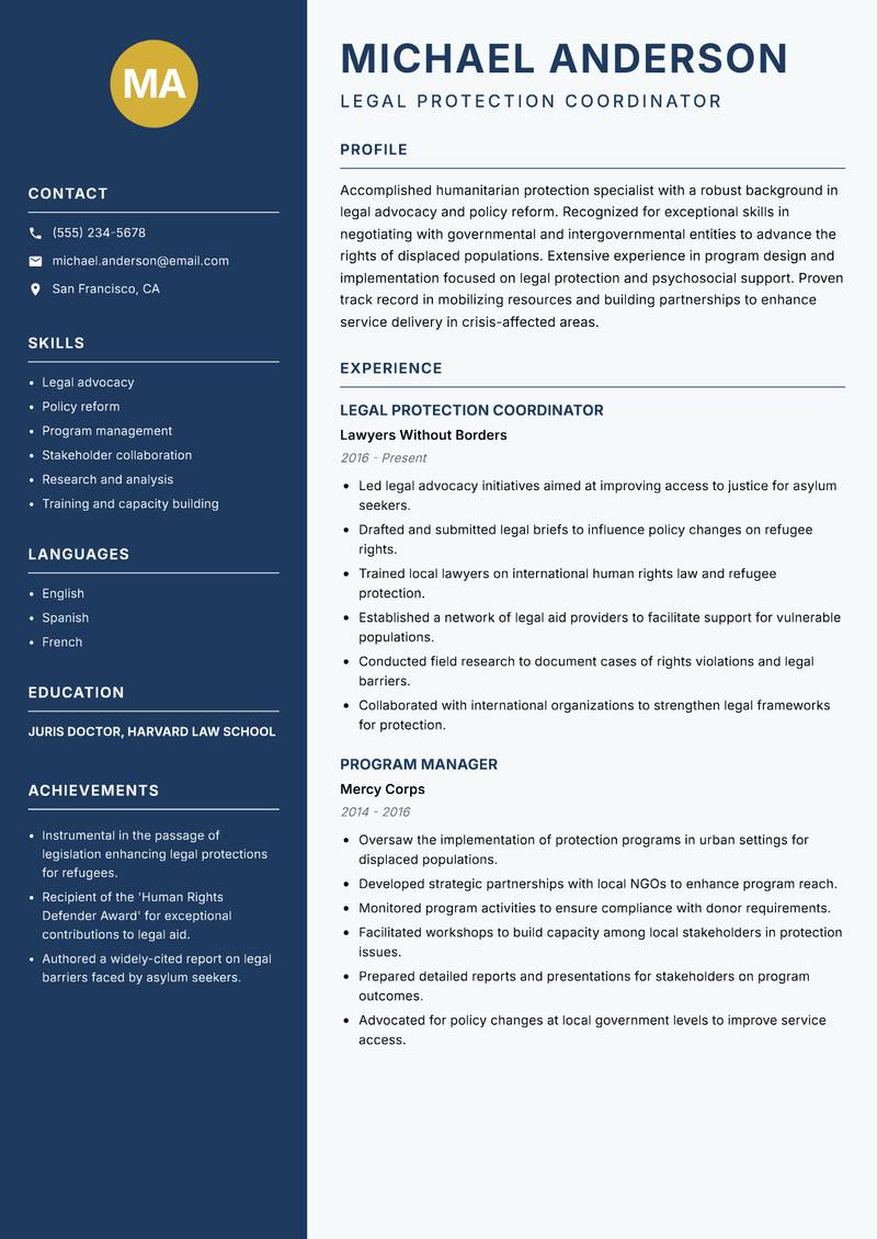 Humanitarian Protection Specialist Resume Preview Example