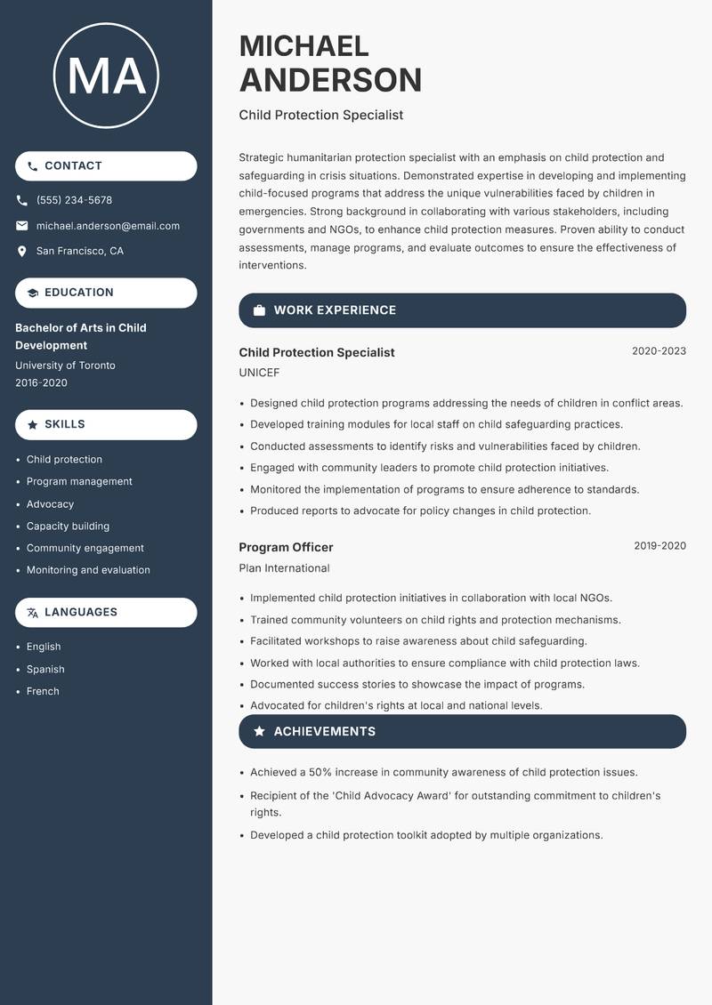 Humanitarian Protection Specialist Resume Preview Example