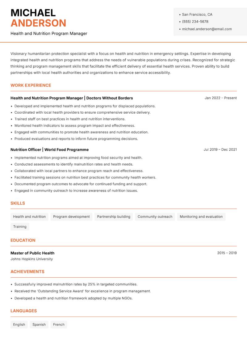 Humanitarian Protection Specialist Resume Template