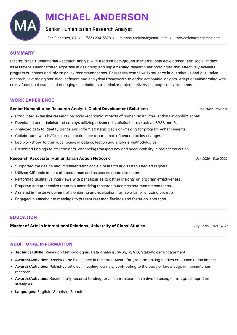 Humanitarian Research Analyst Resume Preview Example
