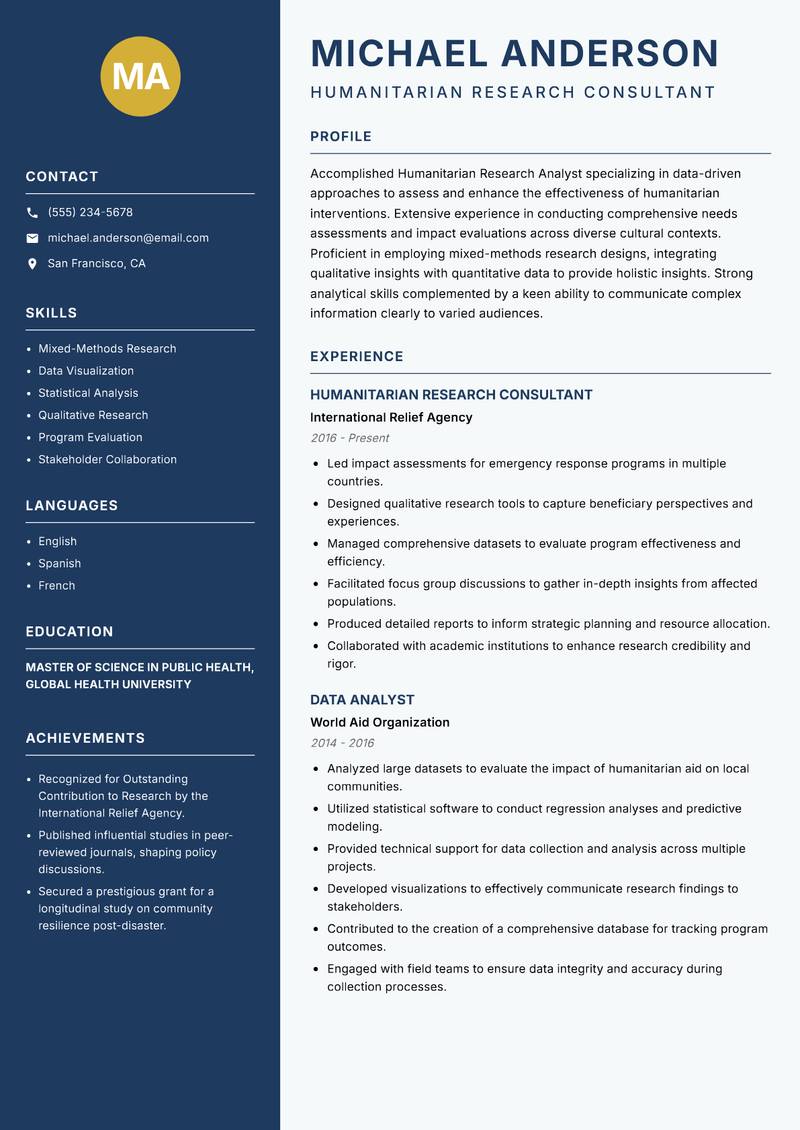 Humanitarian Research Analyst Resume Preview Example
