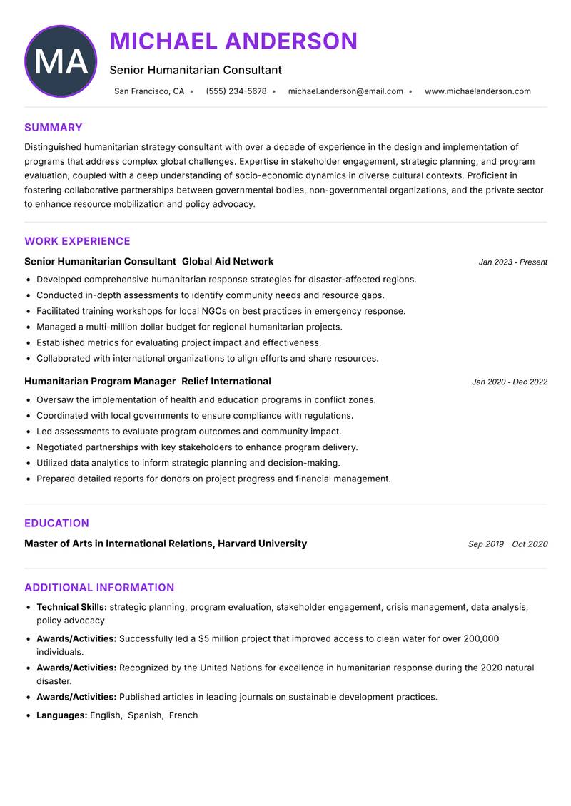 Humanitarian Strategy Consultant Resume Preview Example