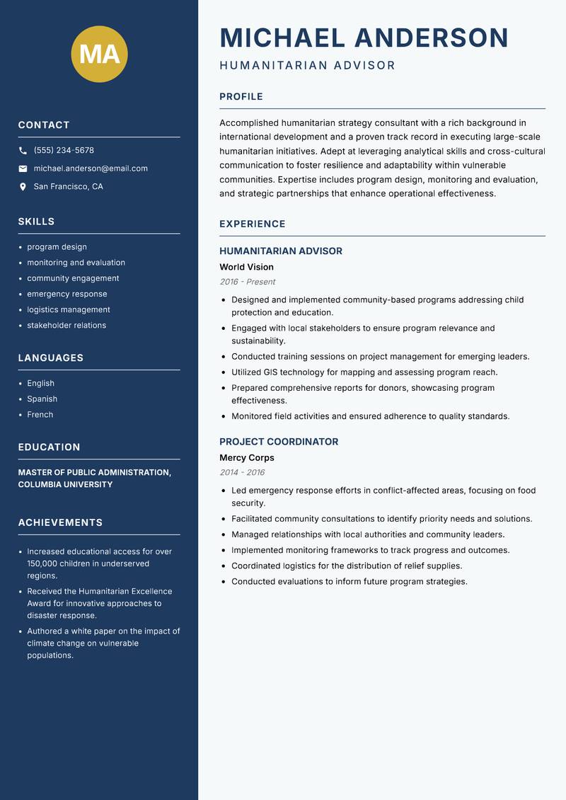 Humanitarian Strategy Consultant Resume Preview Example