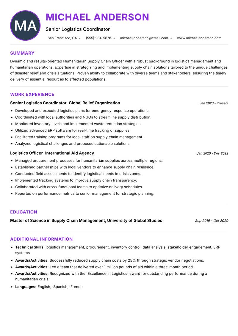 Humanitarian Supply Chain Officer Resume Preview Example