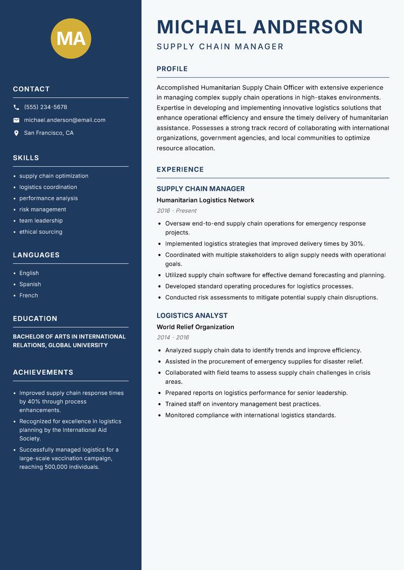 Humanitarian Supply Chain Officer Resume Preview Example