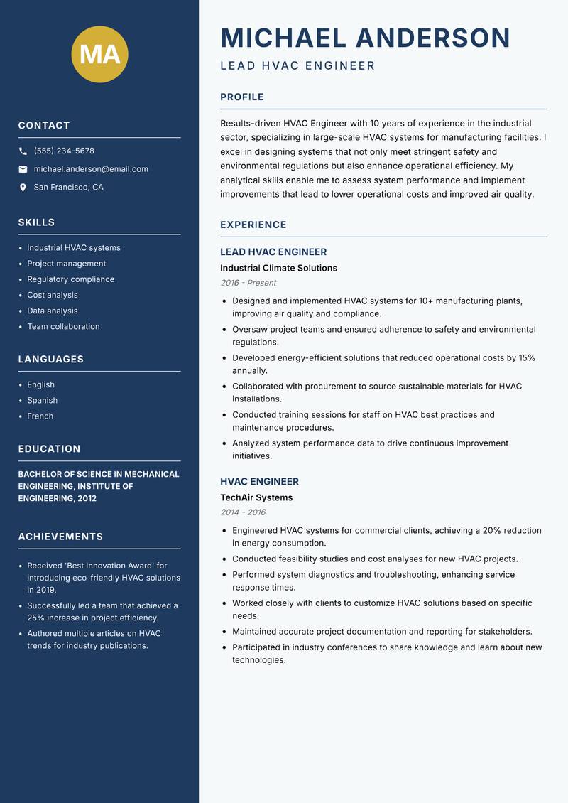 HVAC Engineer Resume Preview Example