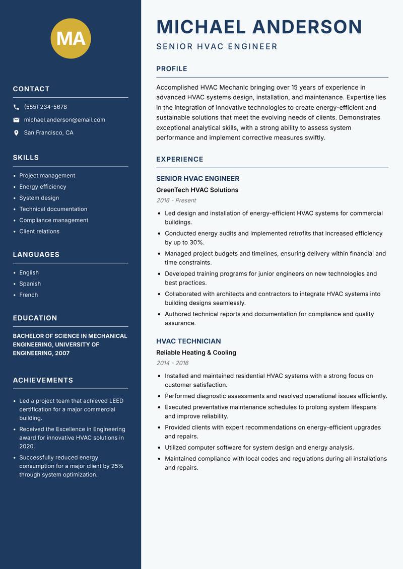 HVAC Mechanic Resume Preview Example