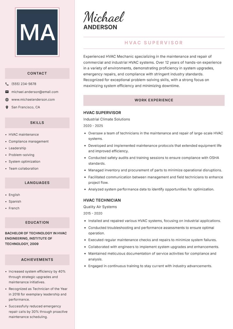 HVAC Mechanic Resume Preview Example