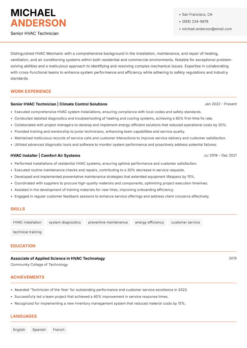 HVAC Mechanic Resume Template