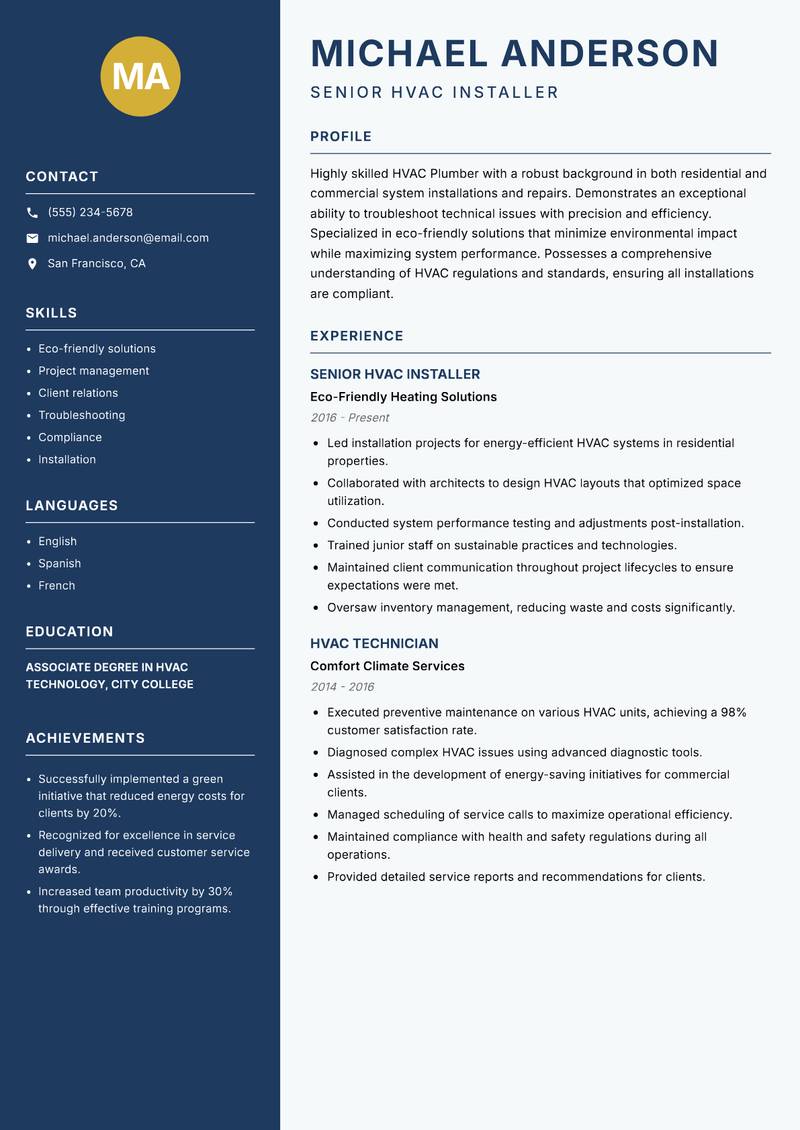 HVAC Plumber Resume Preview Example