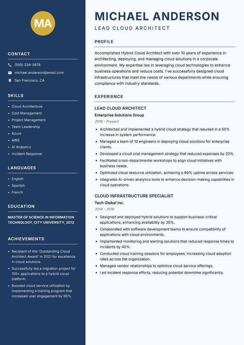 Hybrid Cloud Architect Resume Preview Example