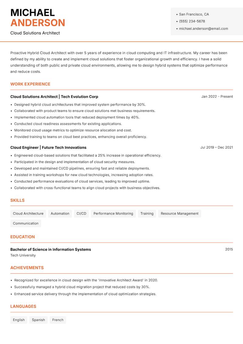 Hybrid Cloud Architect Resume Template