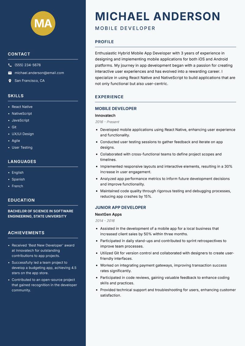 Hybrid Mobile App Developer Resume Preview Example
