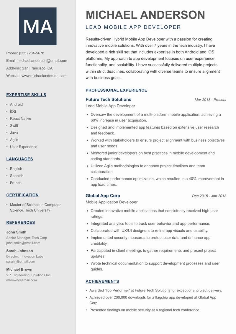 Hybrid Mobile App Developer Resume Preview Example
