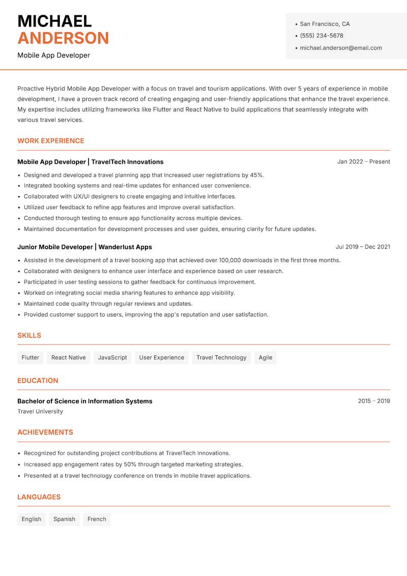 Hybrid Mobile App Developer Resume Template