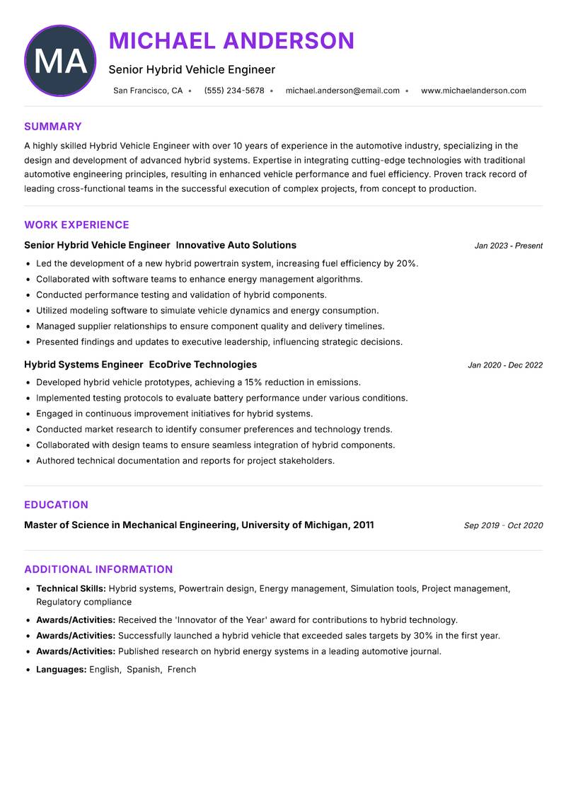 Hybrid Vehicle Engineer Resume Preview Example