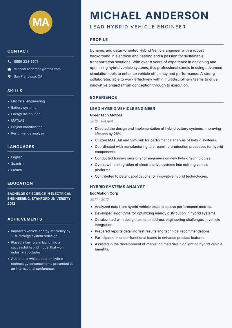 Hybrid Vehicle Engineer Resume Preview Example
