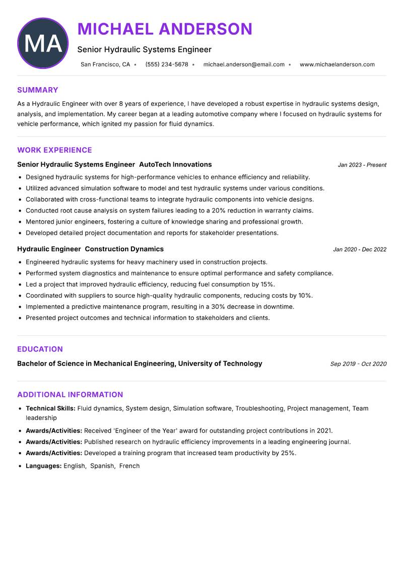 Hydraulic Engineer Resume Preview Example