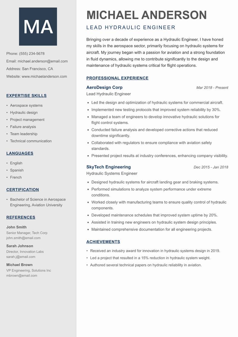 Hydraulic Engineer Resume Preview Example