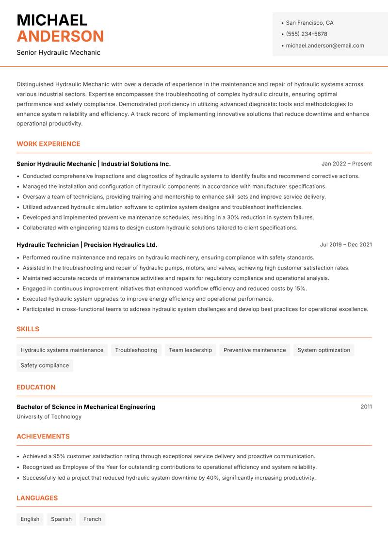 Hydraulic Mechanic Resume Template