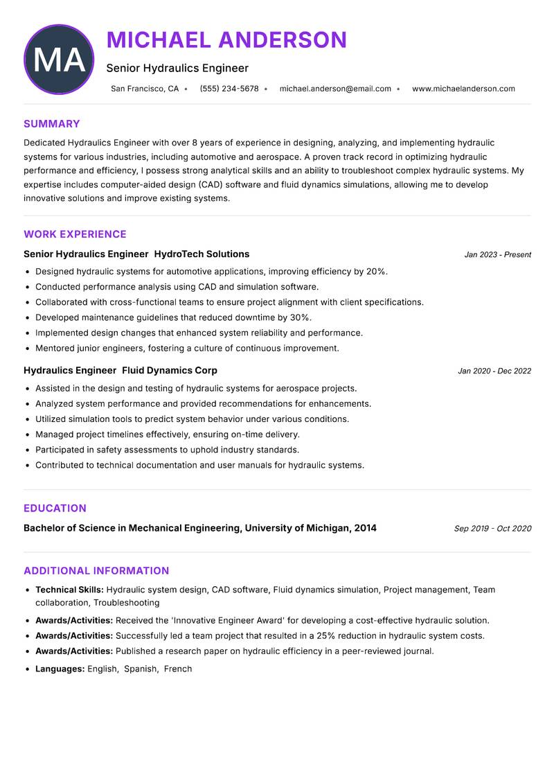 Hydraulics Engineer Resume Preview Example