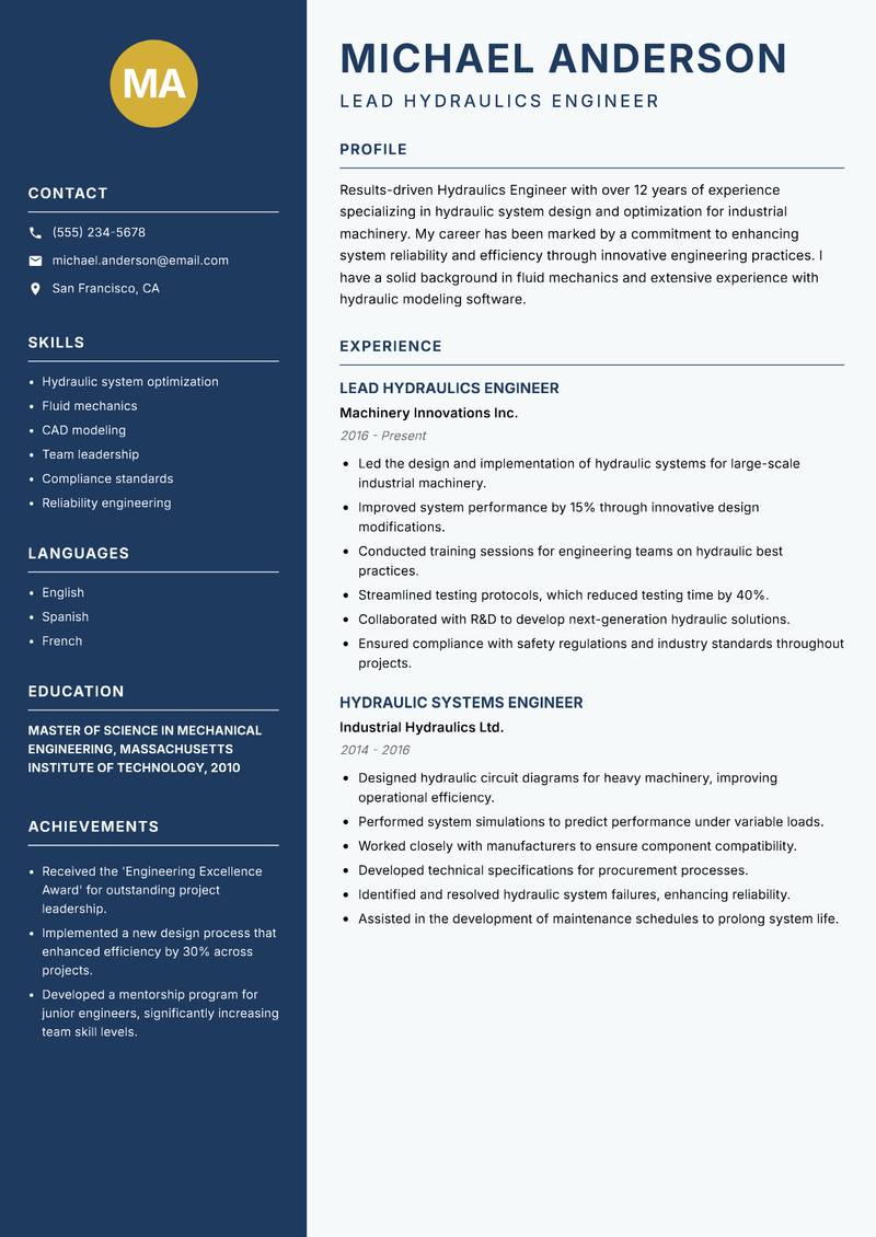 Hydraulics Engineer Resume Preview Example