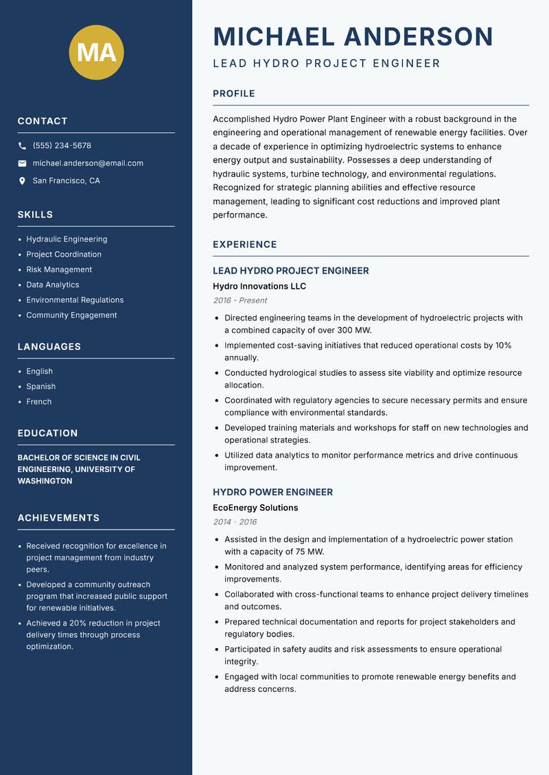 Hydro Power Plant Engineer Resume Preview Example