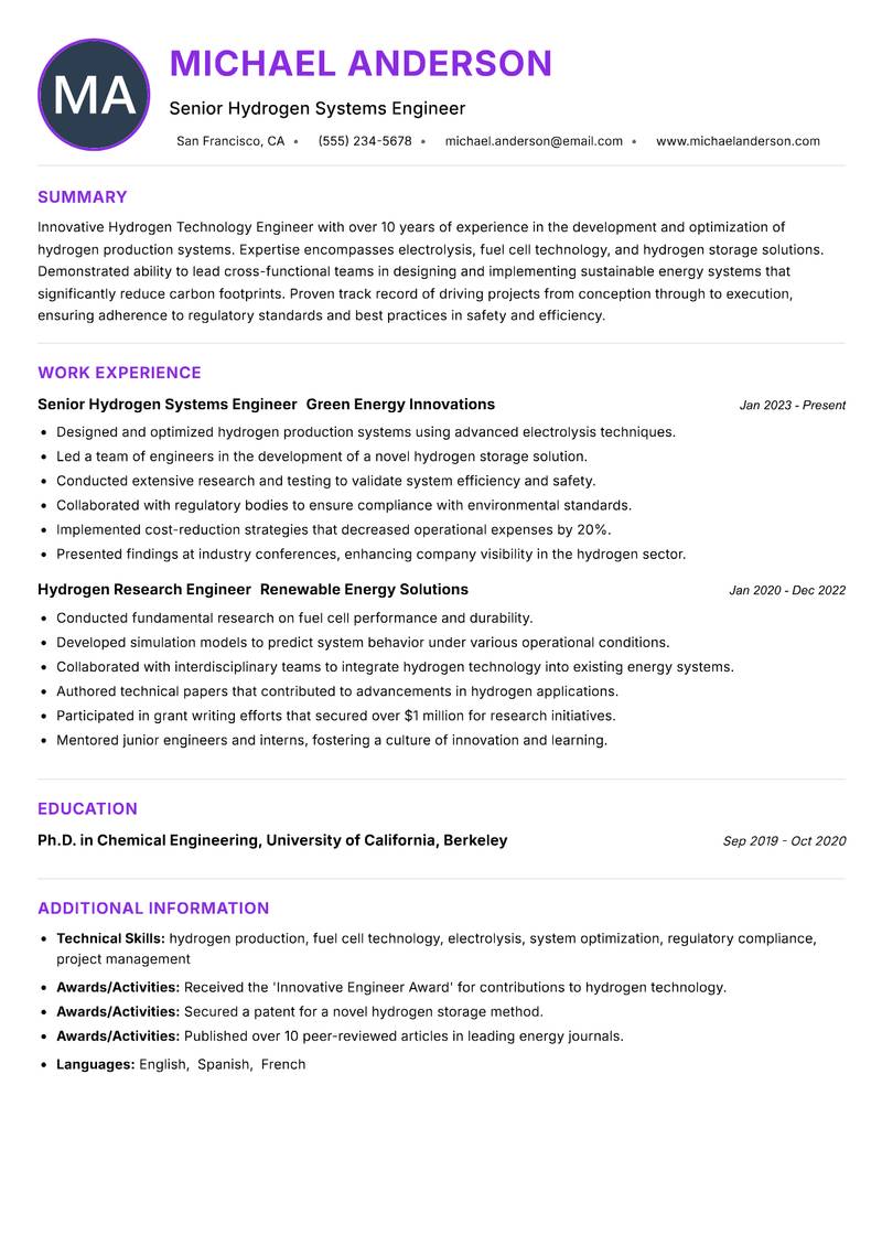 Hydrogen Technology Engineer Resume Preview Example
