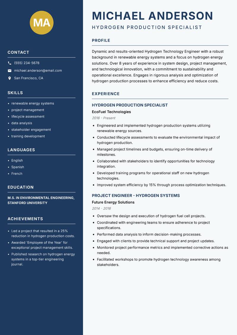 Hydrogen Technology Engineer Resume Preview Example