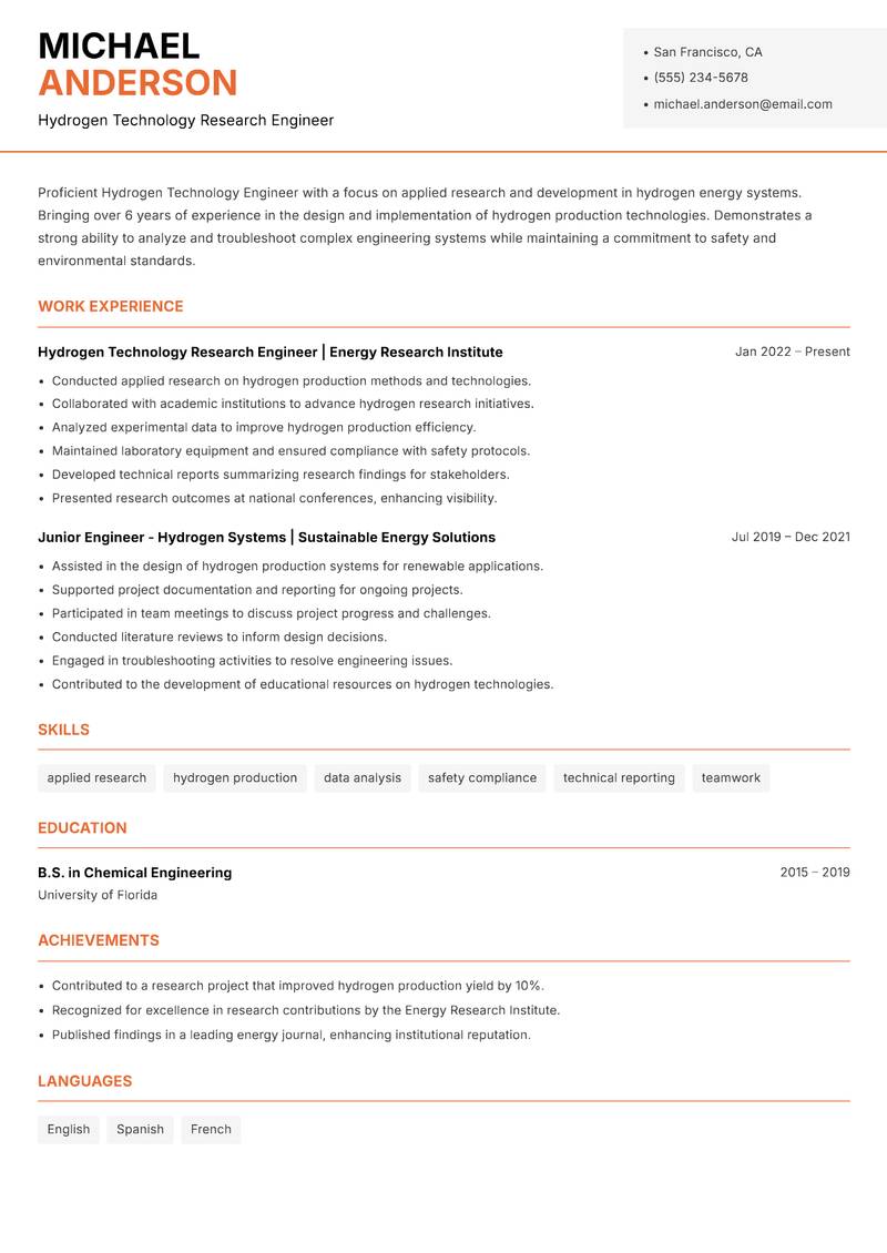 Hydrogen Technology Engineer Resume Template