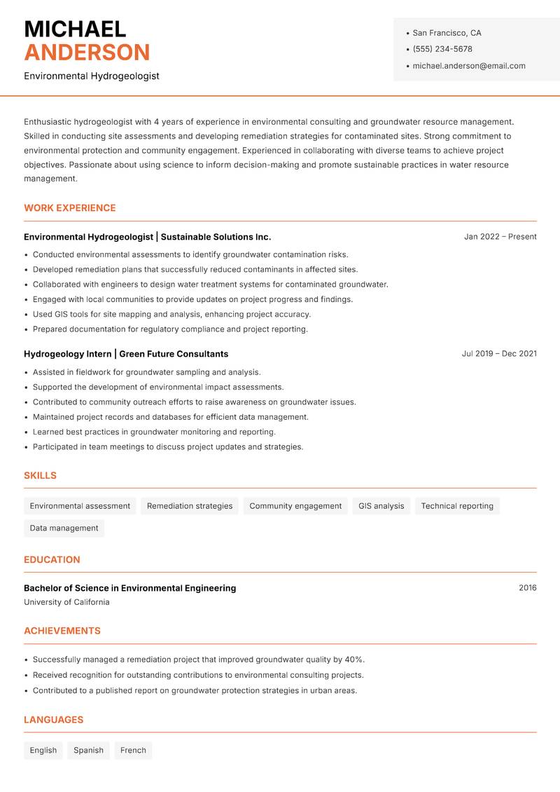 Hydrogeologist Resume Template